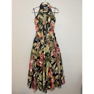 Karen Alexander Vintage 80s Floral Halter neck Drop Waist Midi Dress